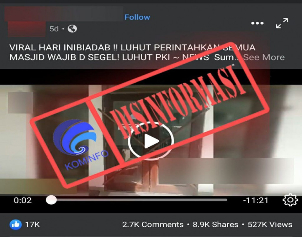 [DISINFORMASI] Video Menteri Luhut Perintahkan Semua Masjid Wajib Disegel
